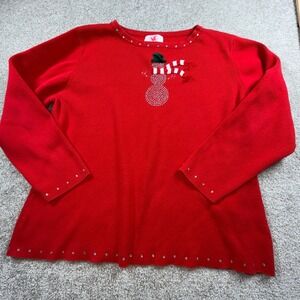 Quacker Factory Red Snowman Rhinestone Holiday Sweater Women 1X Christmas Top